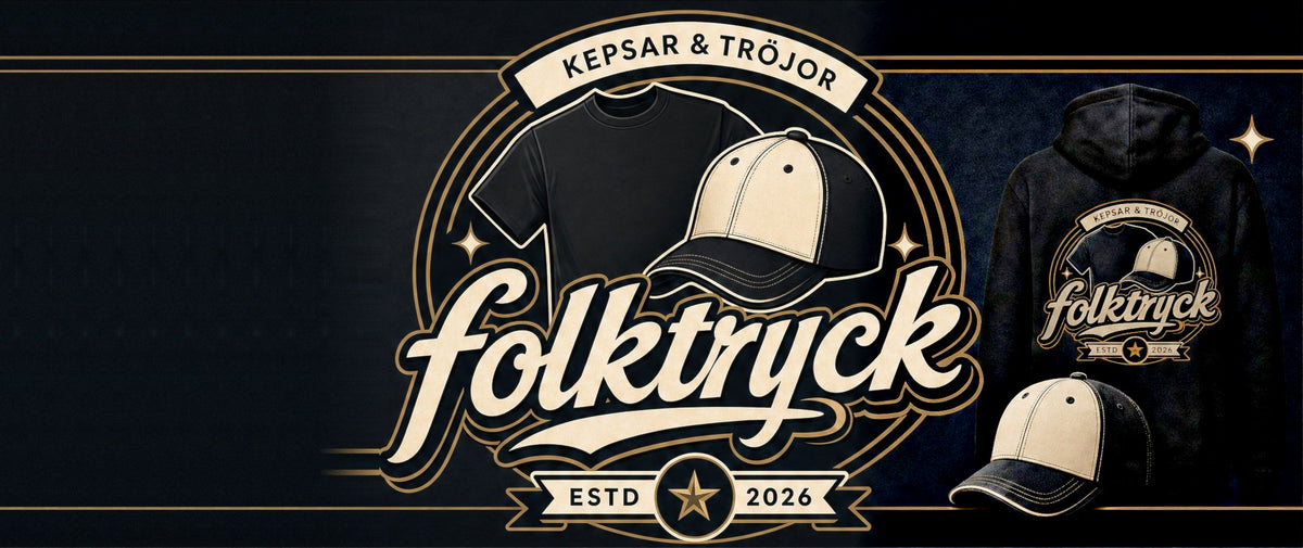 Folktrycks emblem med t-shirt och keps, samt svart hoodie med tryck och keps mot mörk marinblå bakgrund
