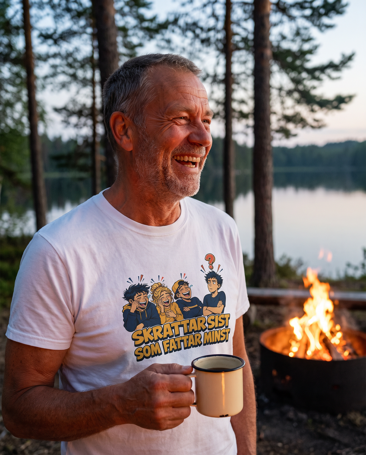Man vid lägerelden i t-shirt med trycket Skrattar sist som fattar minst