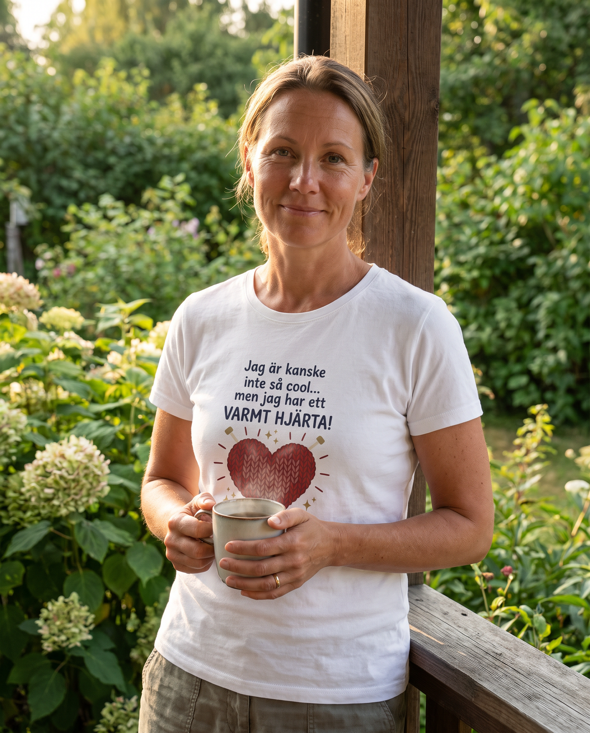 Kvinna på verandan i t-shirt med trycket Varmt hjärta